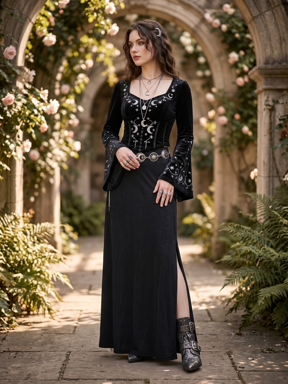 Vintage Black Textured Knit Maxi Skirt Slit Whimsigoth Dark Academia Grunge